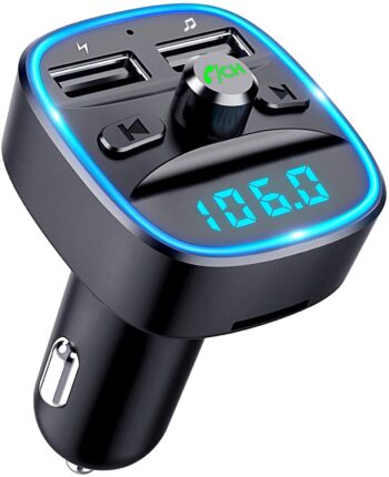 FM Transmitter for Car Bluetooth 5.0, TEUMI Blue Ambient Light Bluetooth Car Adapter, Wireless FM Radio Car Kit, Hands Free Calling, Dual USB Ports 5V 2.4A & 1A, Support SD Card USB Flash Drive