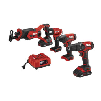 SKIL 4-Tool Combo Kit: 20V Cordless Drill Driver, Impact Driver, Reciprocating Saw and LED Spotlight, Includes Two 2.0Ah Lithium Batteries and One Charger - CB739601