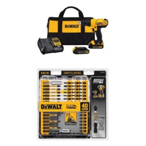 Dewalt DCD771C2 20V MAX Cordless Lithium-Ion 1/2 inch Compact Drill Driver Kit with Impact Ready FlexTorq Screw Driving Set, 40-Piece